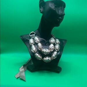 Elegant Silver Bead and Ribbon Necklace